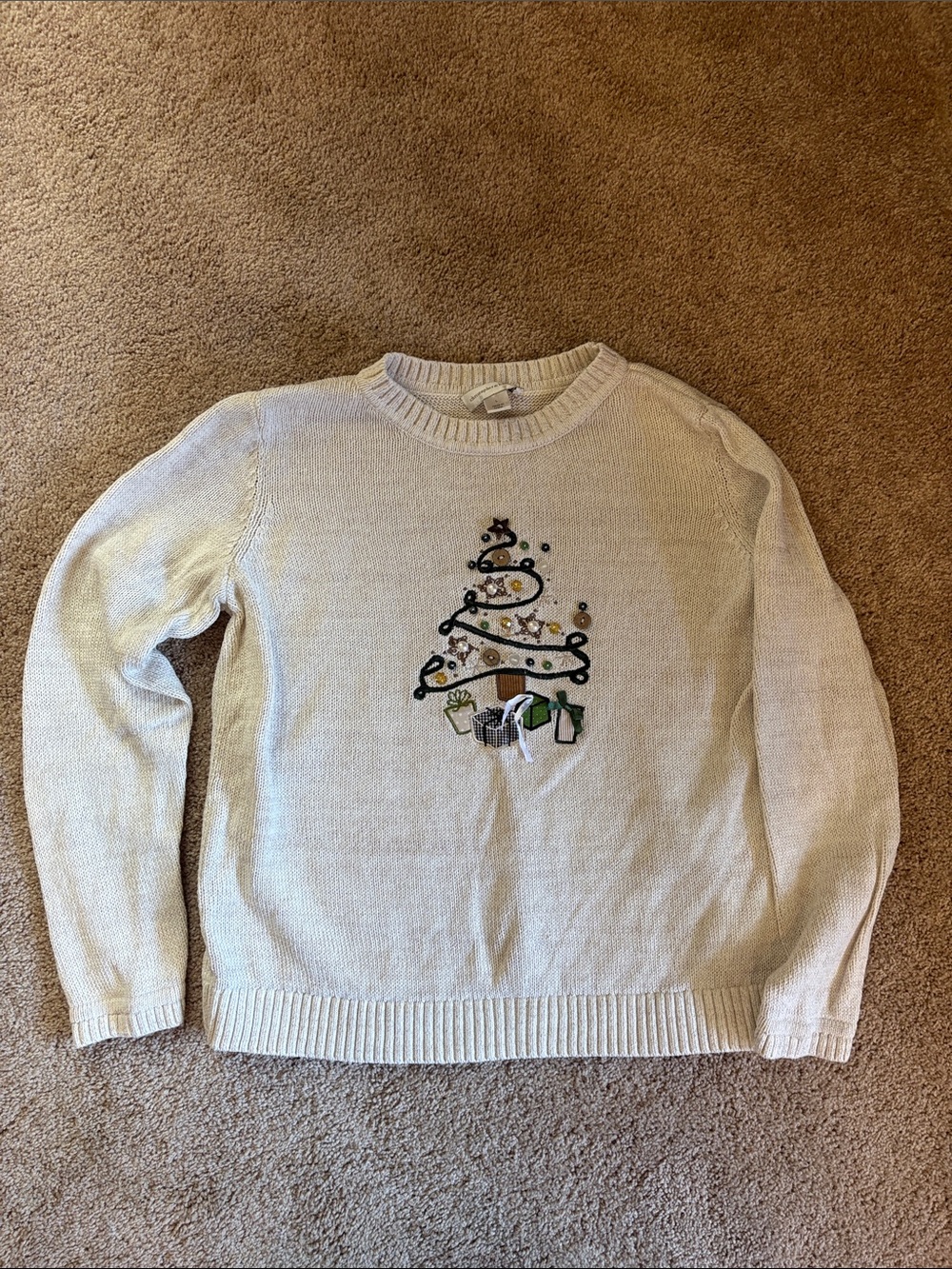 Christopher & Banks Cream Crewneck Sweater with Embroidered Holiday Tree